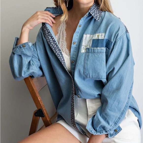 Easel Floral Printed Washed Denim Chambray Patched Loose Fit Size Large - Picture 2 of 8